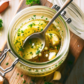 A jar filled with melted garlic butter and a spoon mixing through it.