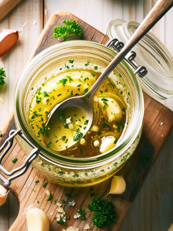 A jar filled with melted garlic butter and a spoon mixing through it.