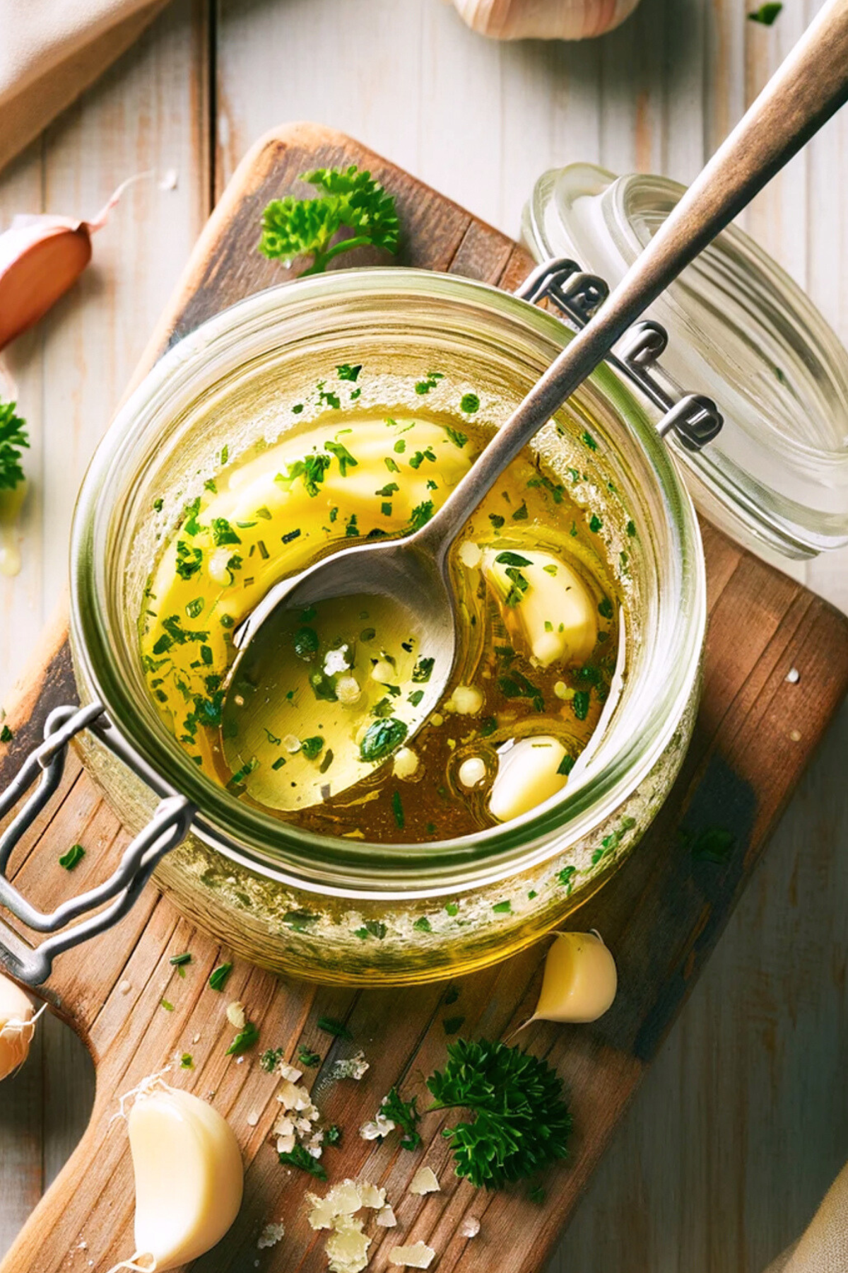 A jar filled with melted garlic butter and a spoon mixing through it.