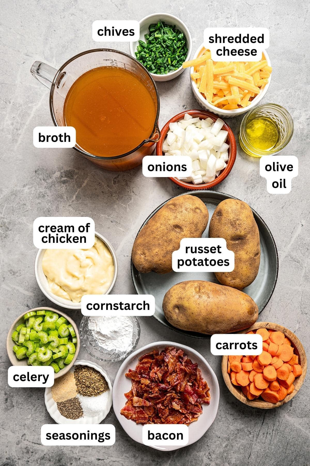 Overhead image of labeled ingredients for instant pot potato soup.