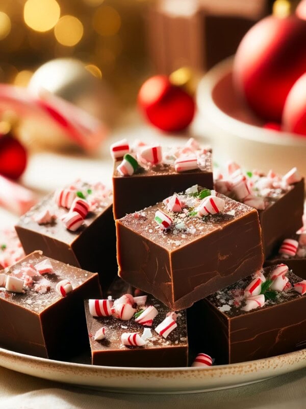 Image of peppermint mocha fudge squares arranged on a plate and surrounded with candy canes and other festive decor.