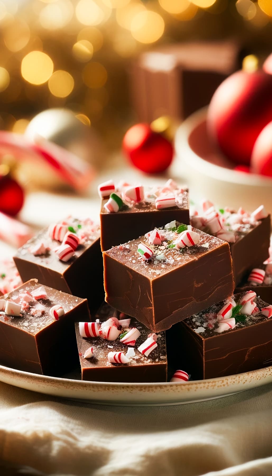 Image of peppermint mocha fudge squares arranged on a plate and surrounded with candy canes and other festive decor.