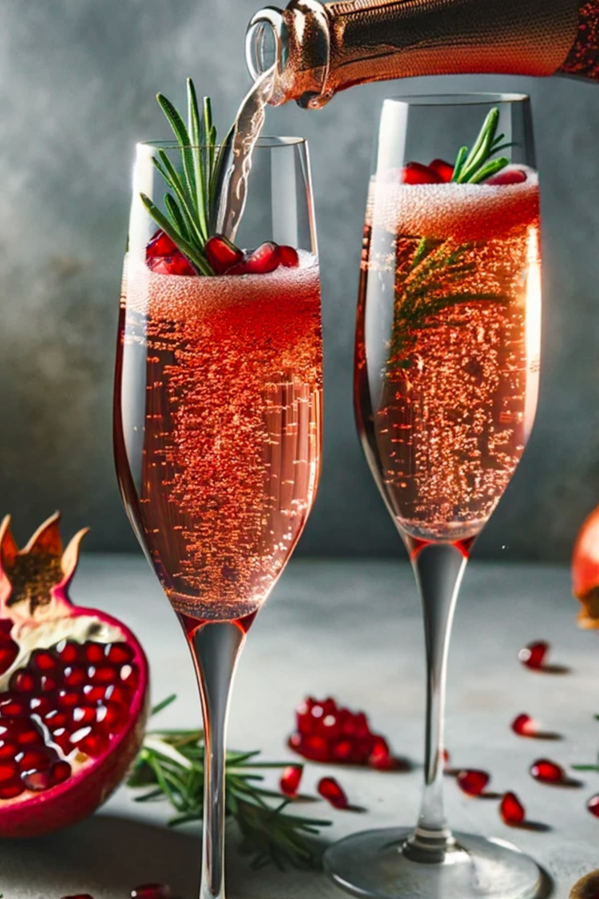 Adding champagne to a flute glass garnished with a rosemary sprig and pomegranate seeds.