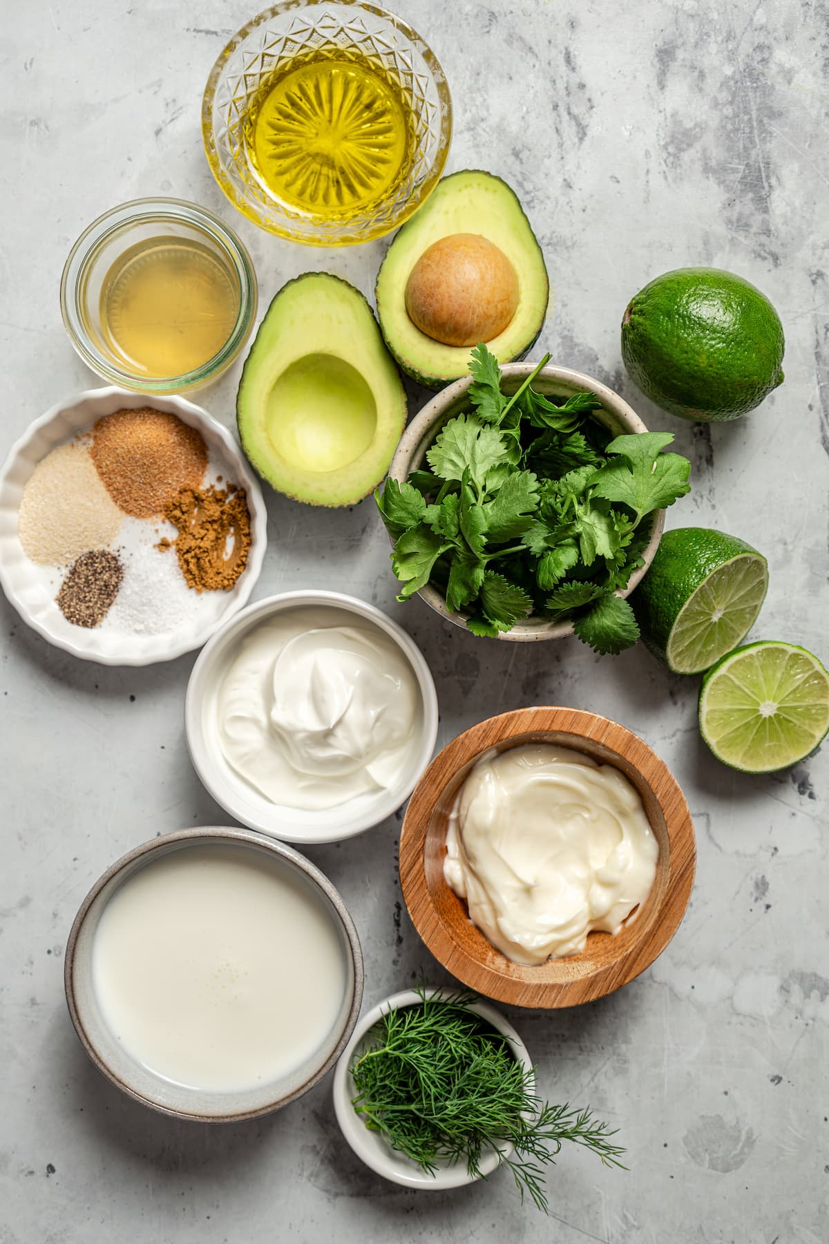 Ingredients for avocado ranch lime dressing.