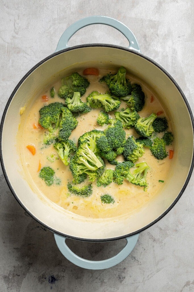 Adding broccoli florets to a creamy soup base.