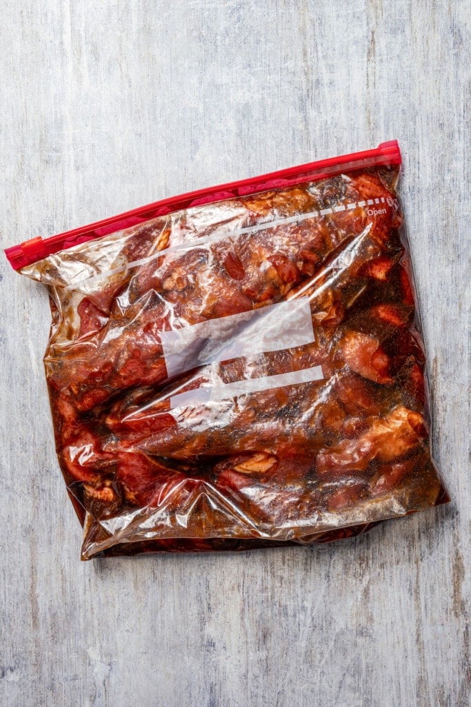 Chinese boneless spare ribs in a bag with marinade.