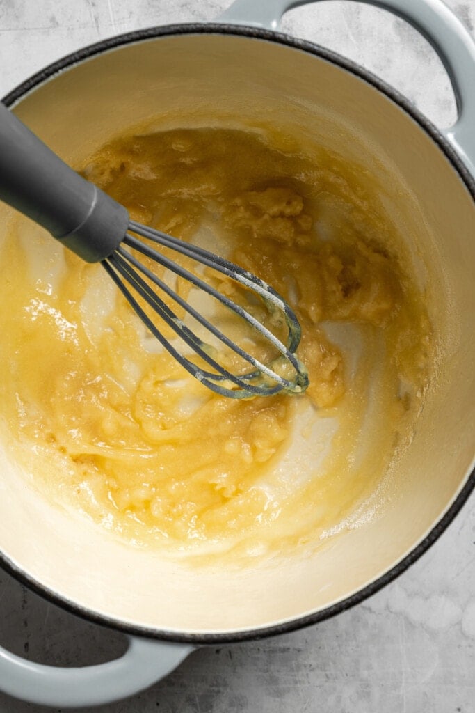 Making a roux of butter and flour for bechamel.