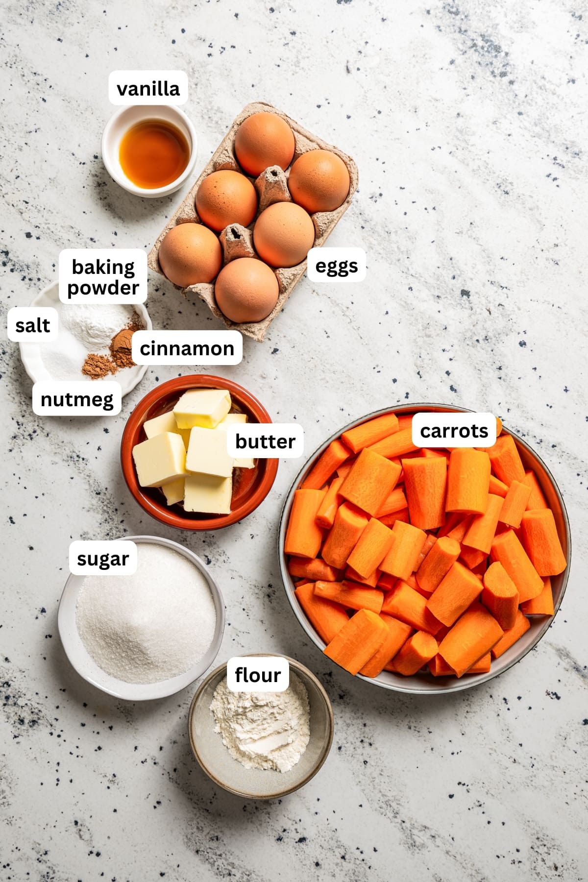 Aerial view of all the ingredients used to make Carrot Souffle.