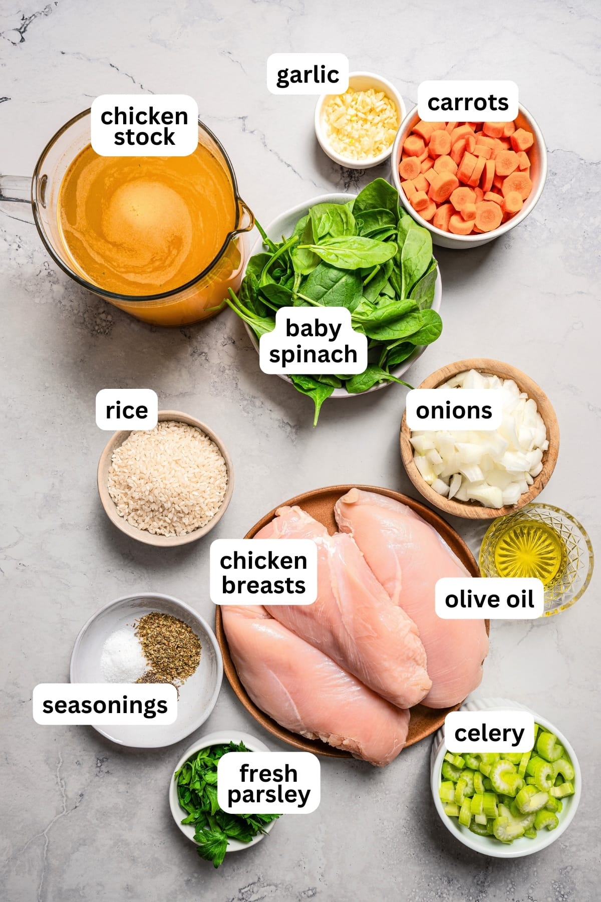 Overhead image of ingredients used to make chicken vegetable soup.