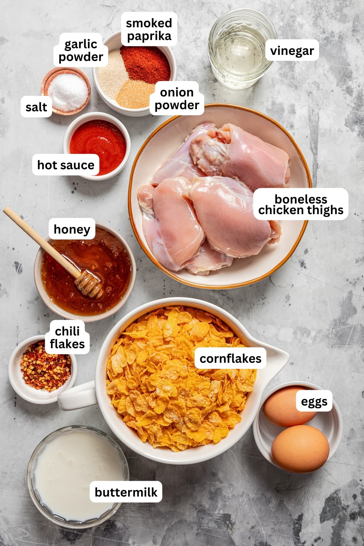 Image of all the ingredients for Hot Honey Chicken.