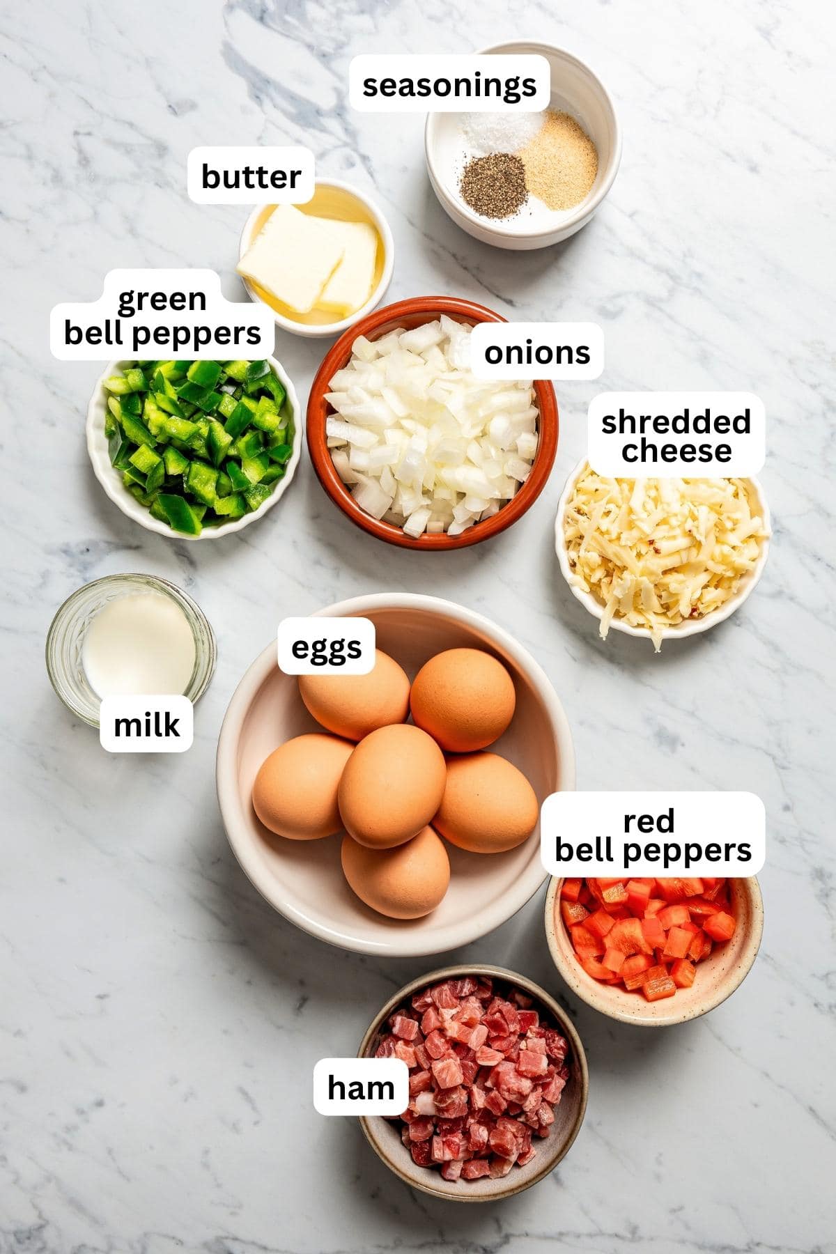 Overhead image of all the ingredients used to make a Western Omelette.