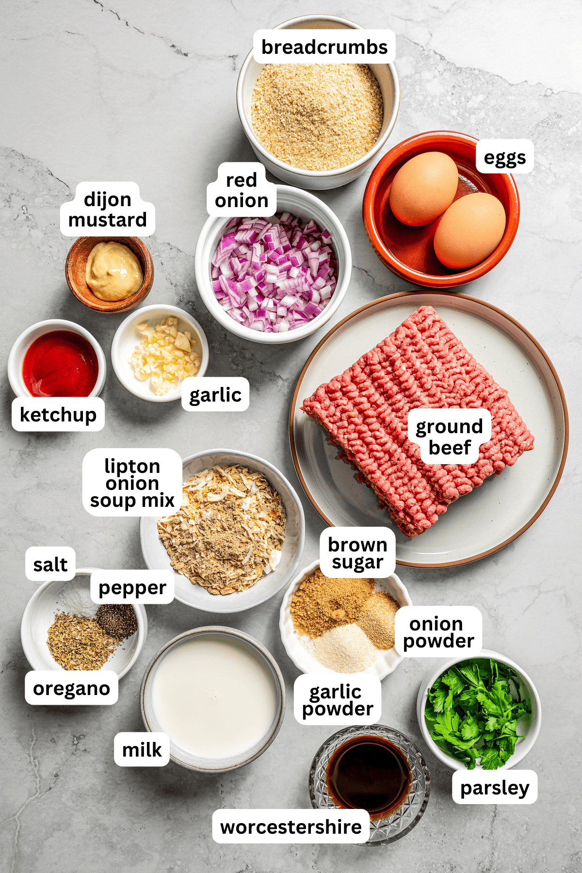 Image of all the ingredients needed to make a Lipton Onion Soup Meatloaf Recipe.