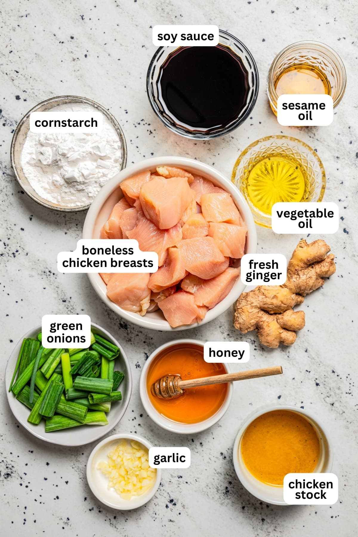 Overhead image of the ingredients used for Mongolian Chicken.