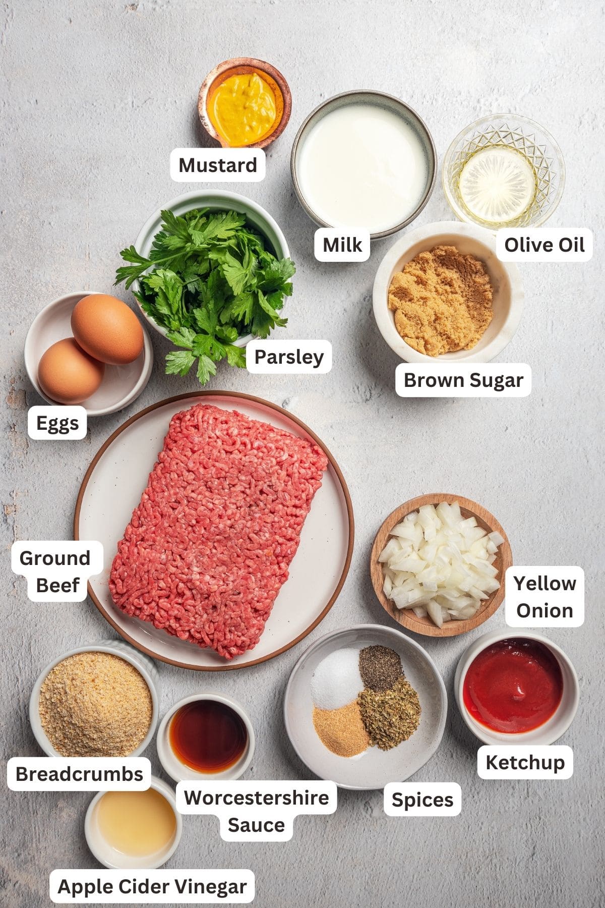 A photo of labeled ingredients used to make air fryer meatloaf.
