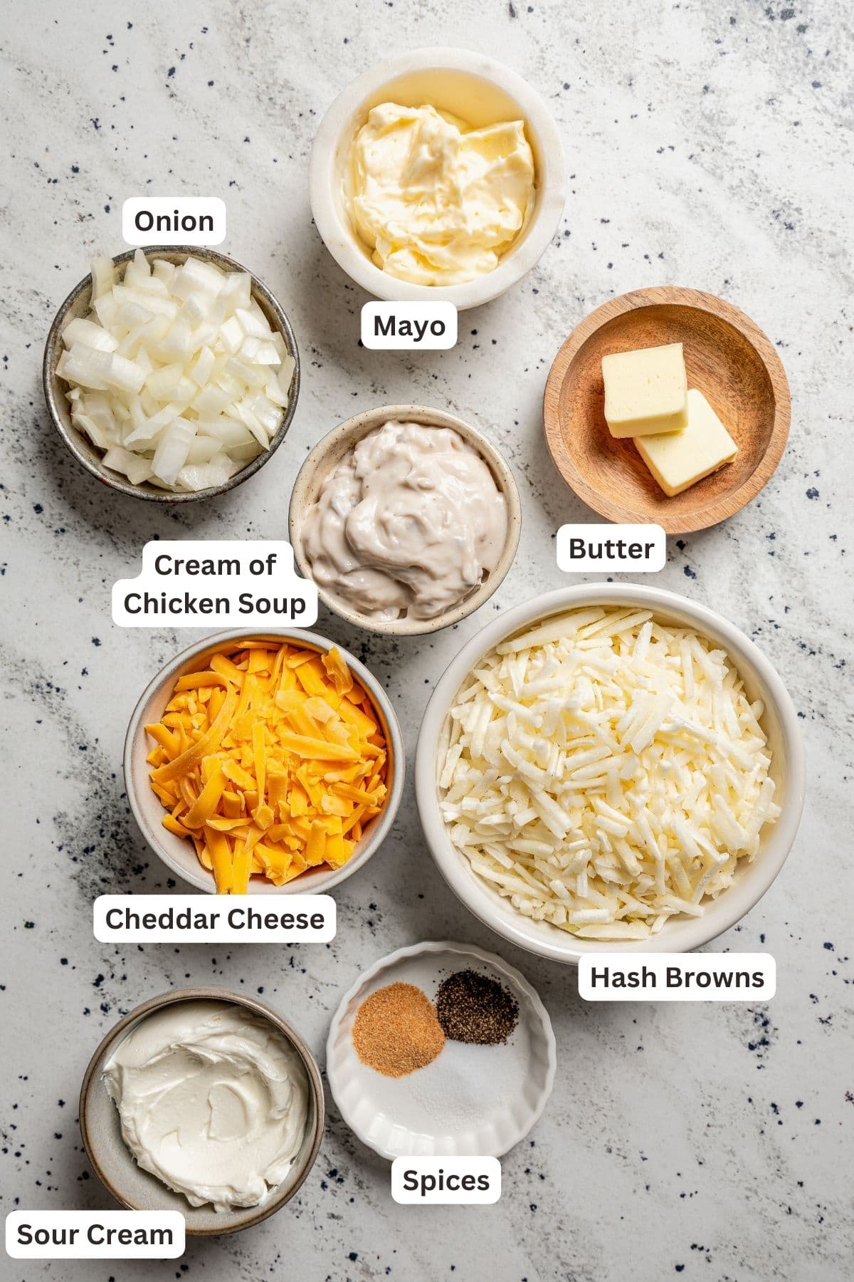 Labeled ingredients for cheesy hash browns.