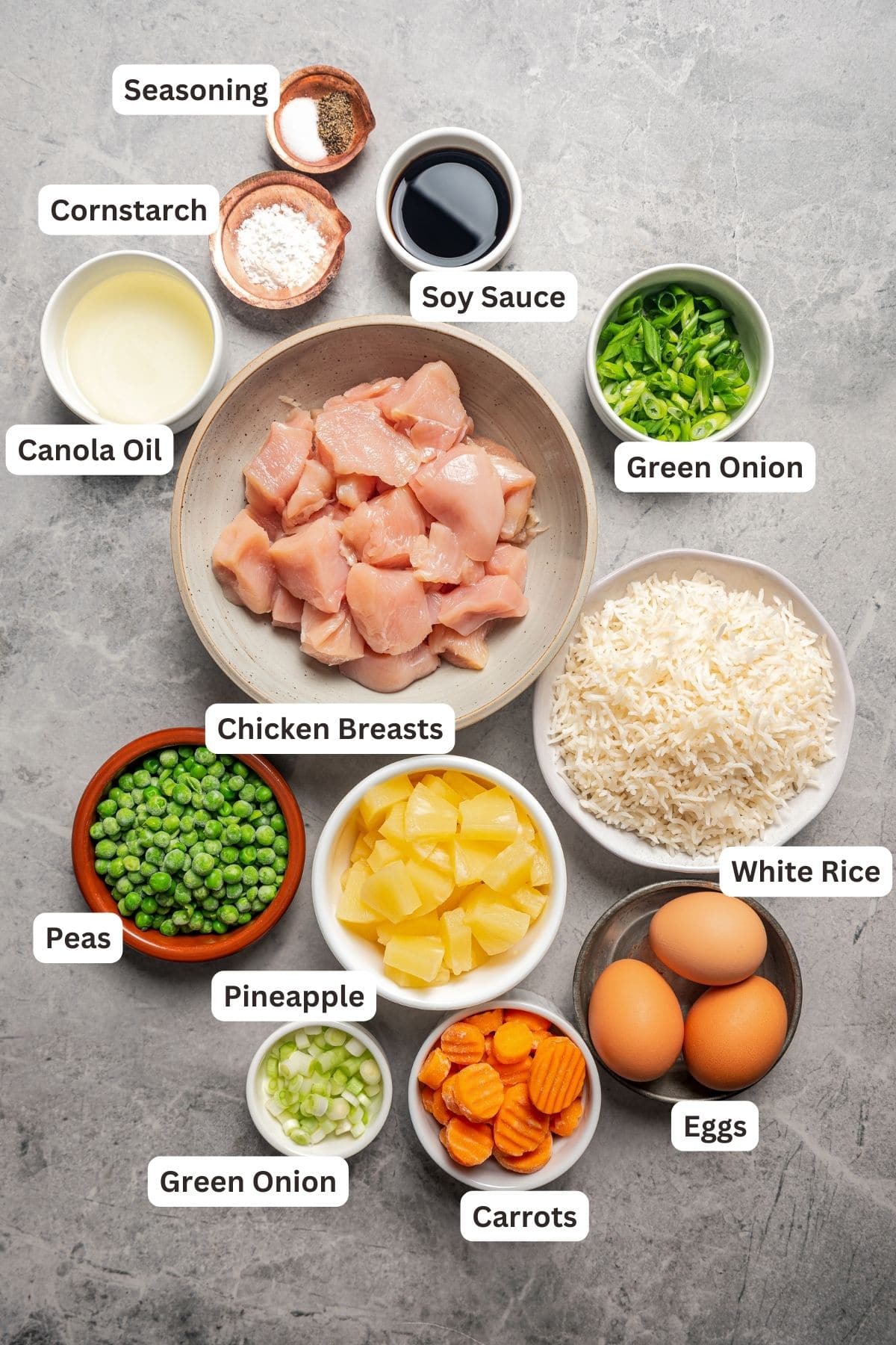 Labeled ingredients for chicken fried rice.