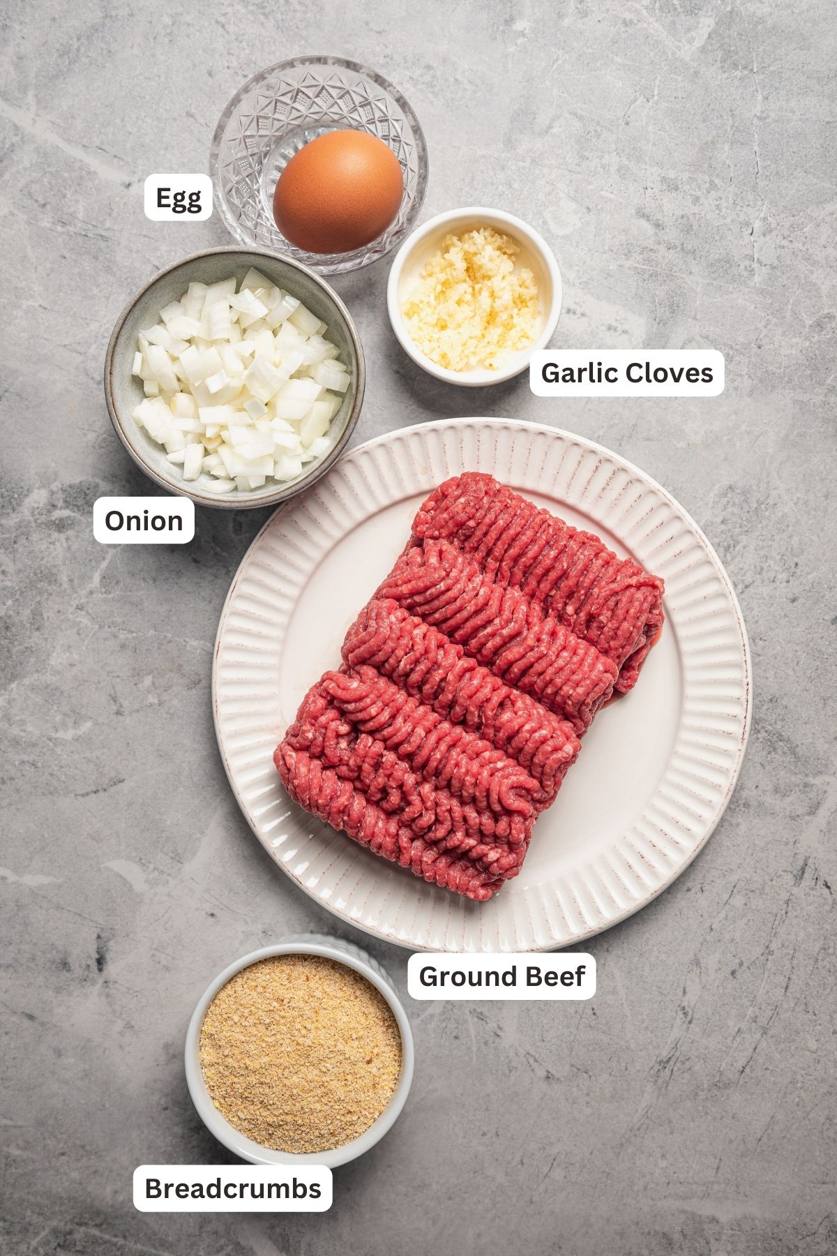 Labeled ingredients for classic American cheeseburgers.