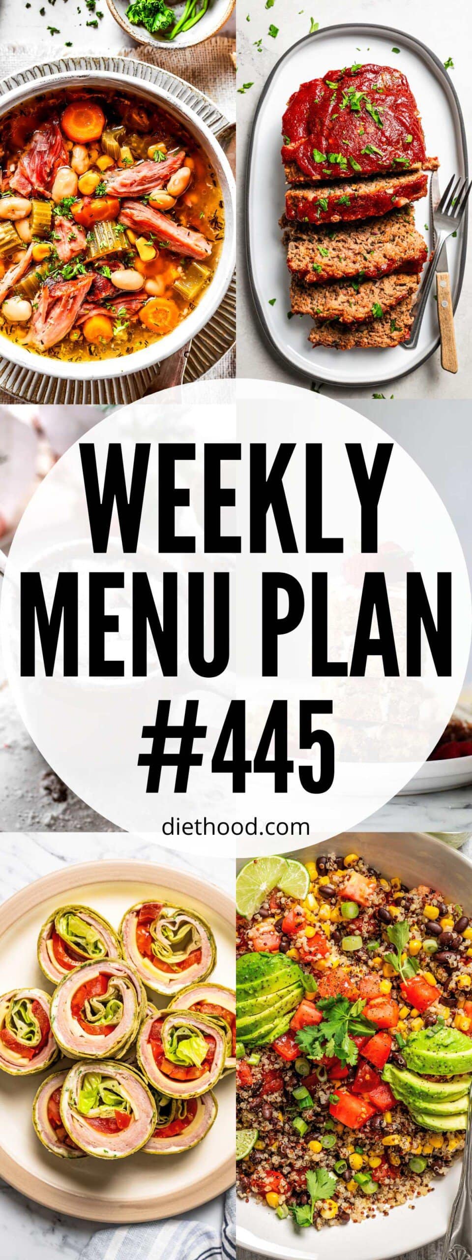 Weekly Menu Plan 445 six image collage Pinterest image.