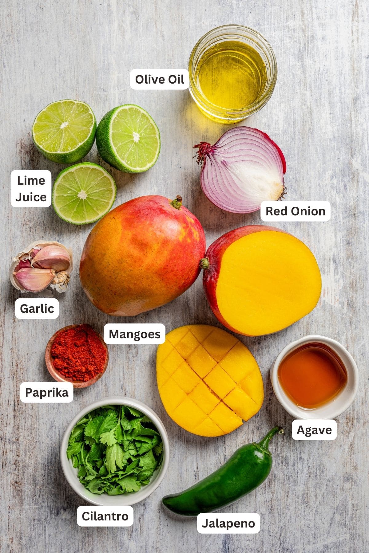 Labeled ingredients for mango salsa.