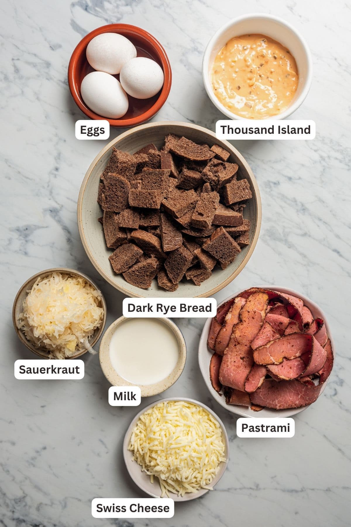 An image of all the ingredients used to make a Reuben Casserole.