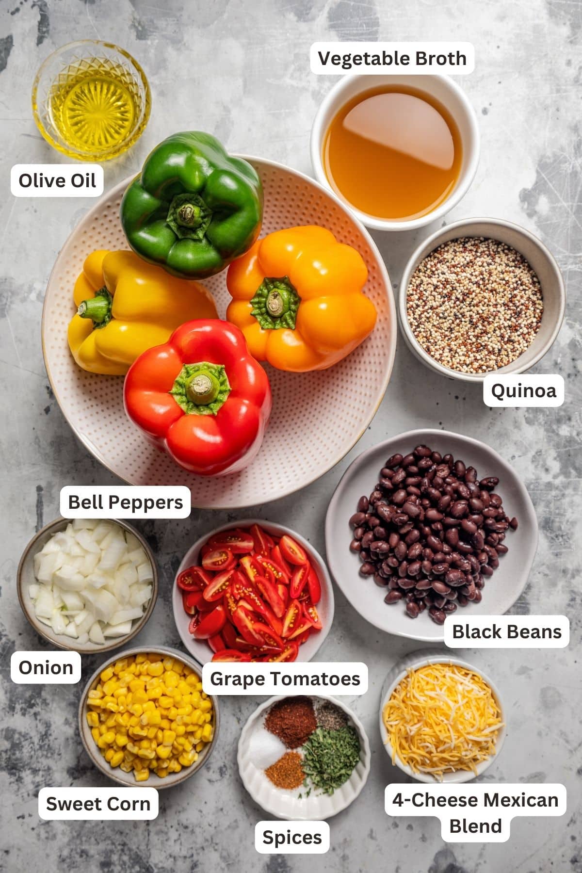 Labeled ingredients for quinoa stuffed bell peppers.