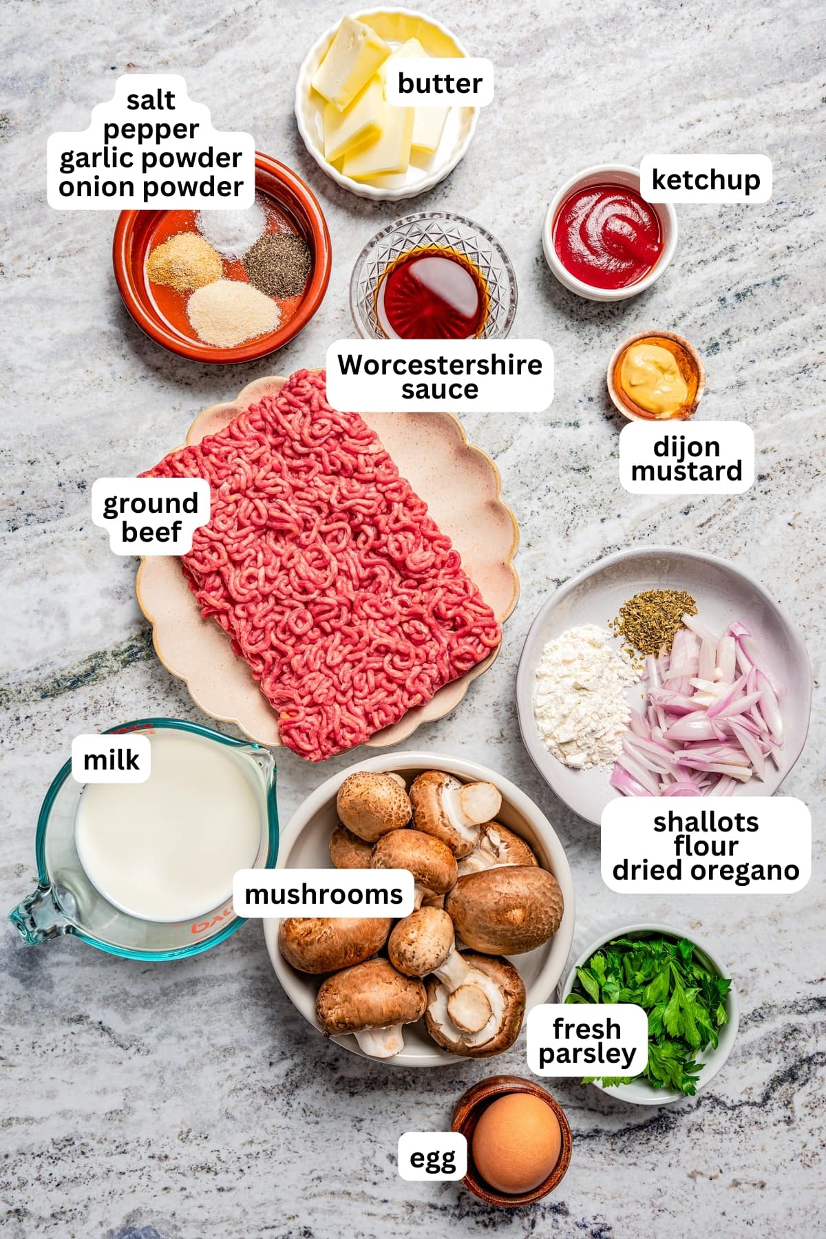 Overhead image of all the ingredients used for the Chopped Steak recipe.