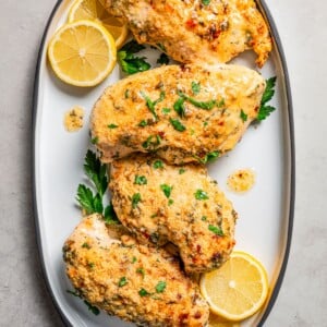Italian dressing chicken on a serving platter with lemon slices.