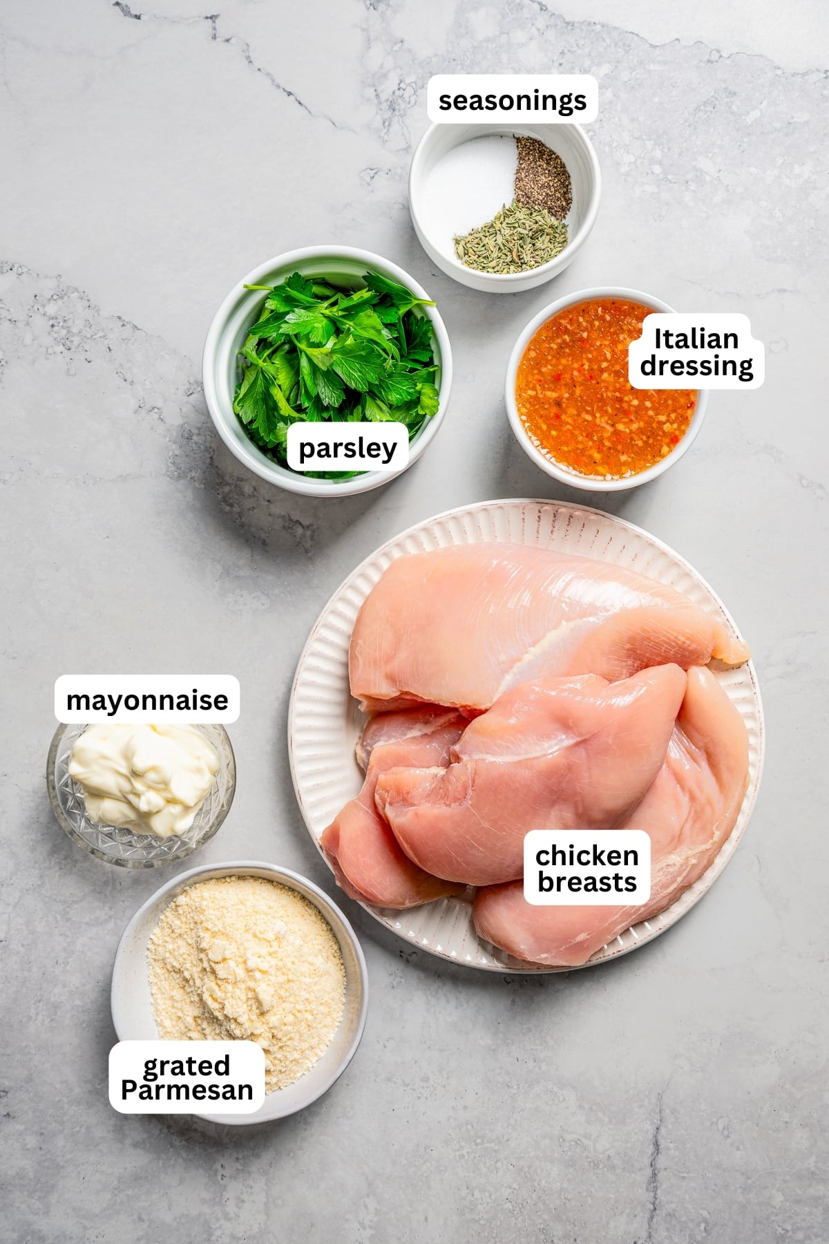 Labeled ingredients for Italian dressing chicken.