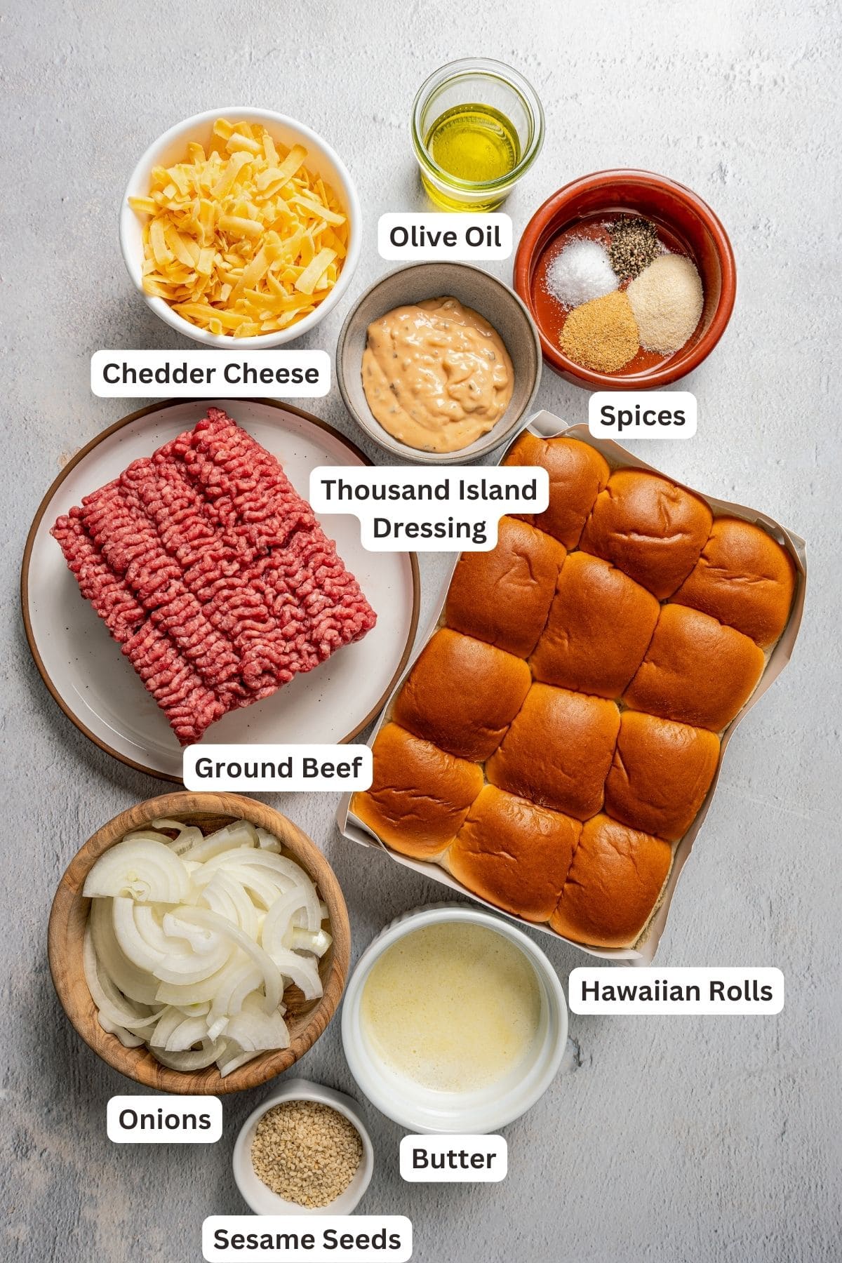 Labeled ingredients for cheeseburger sliders.