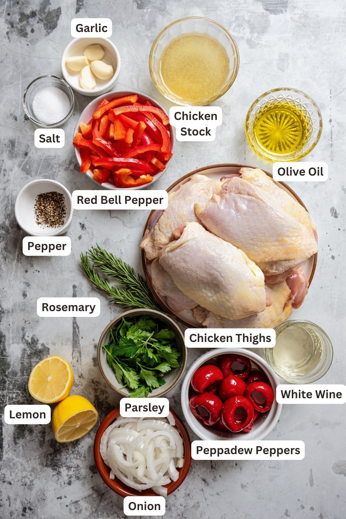 Labeled ingredients for Chicken Scarpariello.