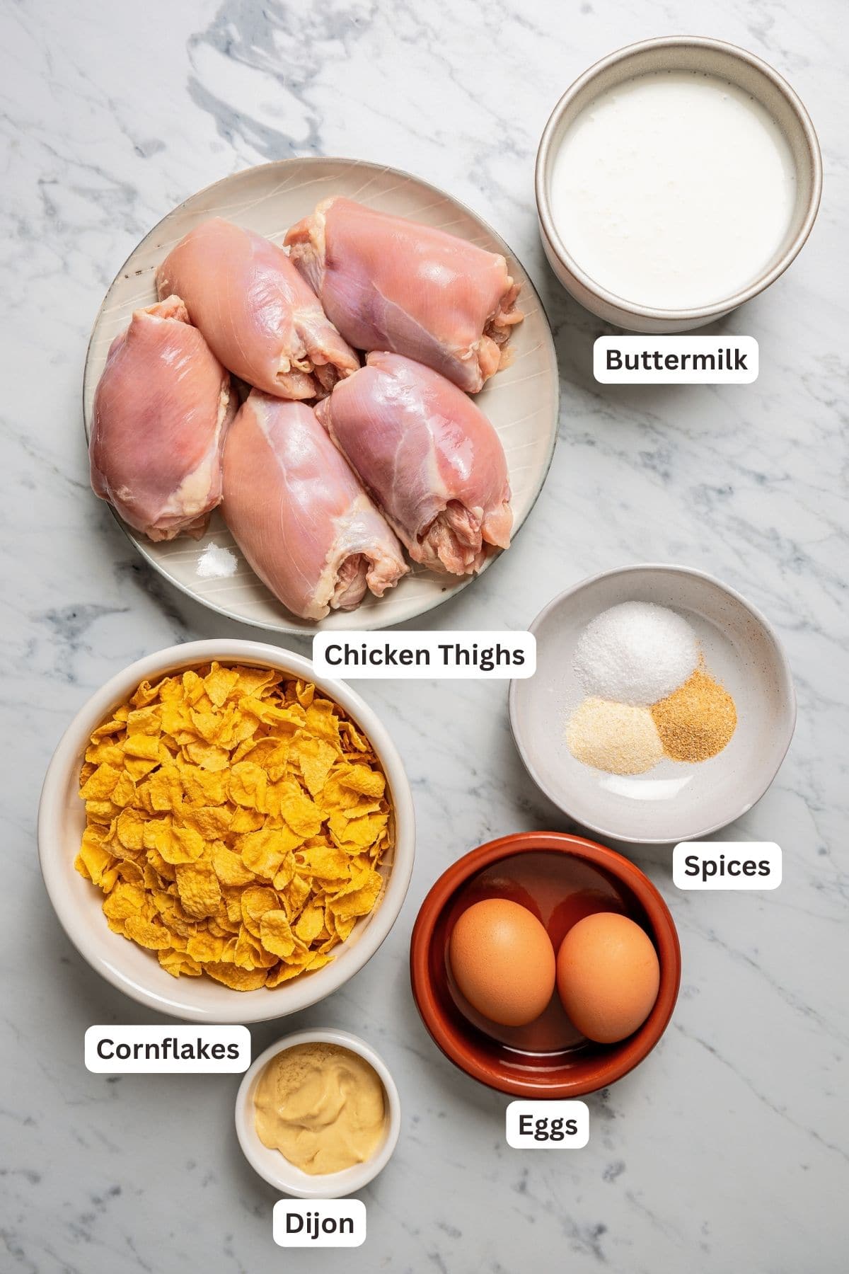 Labeled ingredients for cornflake chicken.