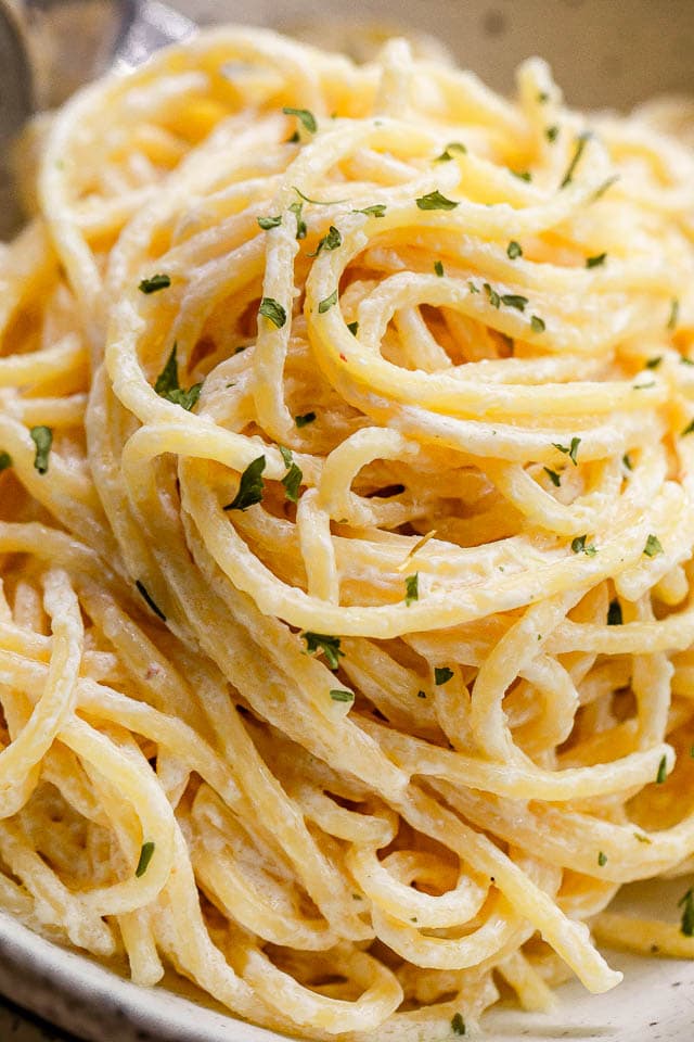 Up close shot of Cream Cheese Spaghetti.