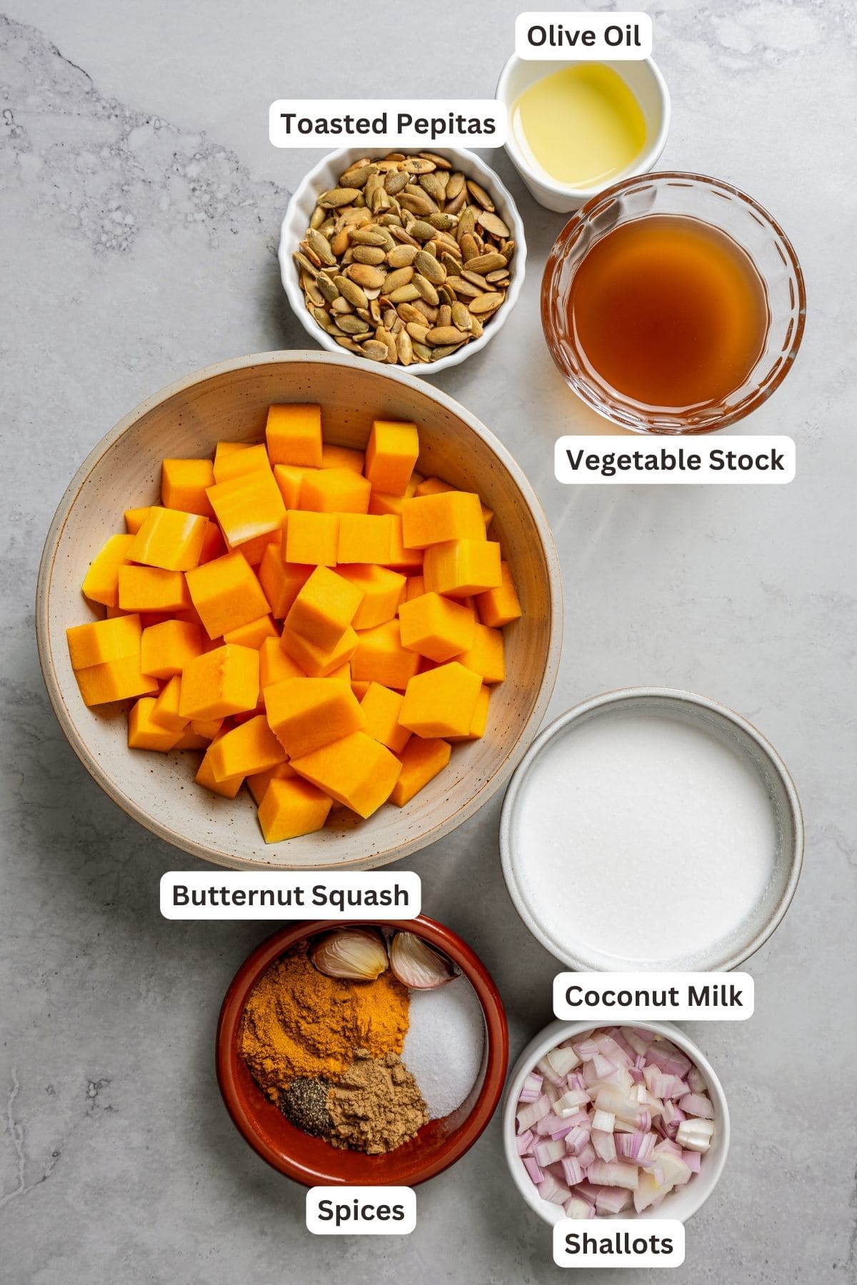 Labeled ingredients for butternut squash soup.