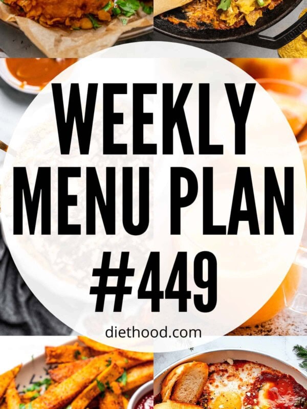 Weekly Menu Plan 449 six image collage Pinterest image.