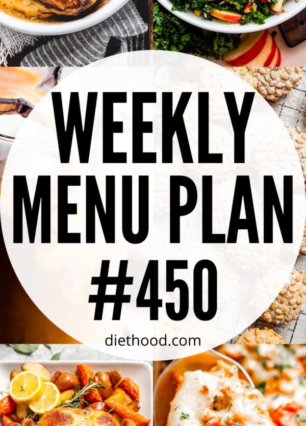 Weekly Menu Plan 450 six image collage Pinterest image.