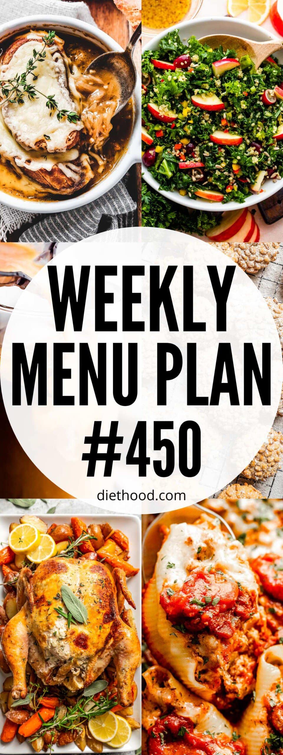 Weekly Menu Plan 450 six image collage Pinterest image.