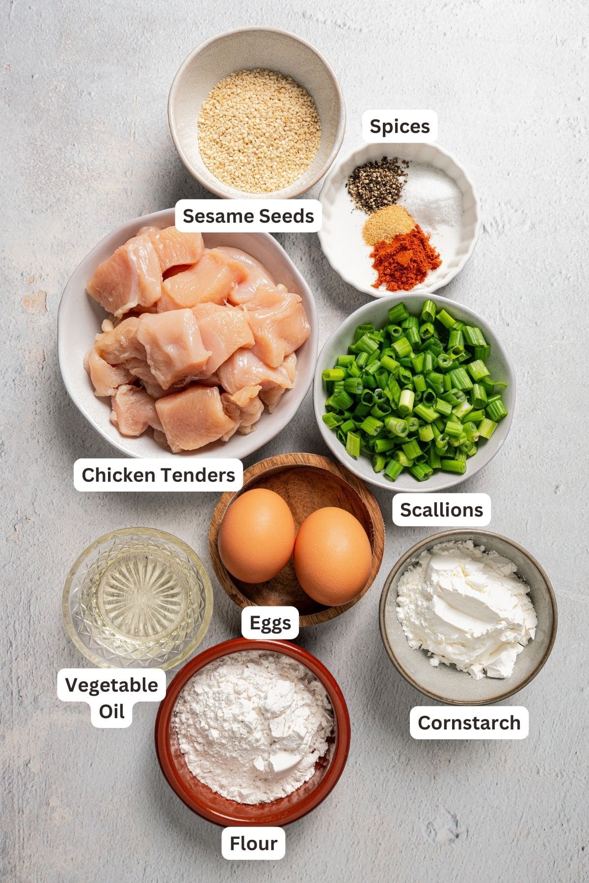 Labeled ingredients for sesame chicken.