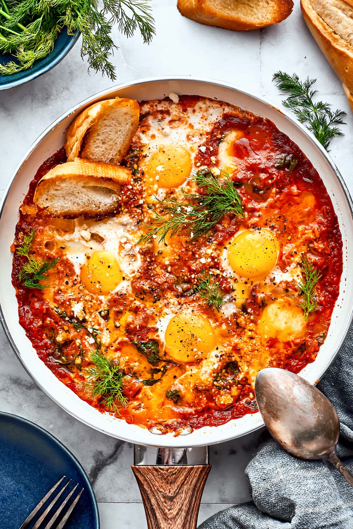 Overhead image of a skillet with Eggs in Purgatory.
