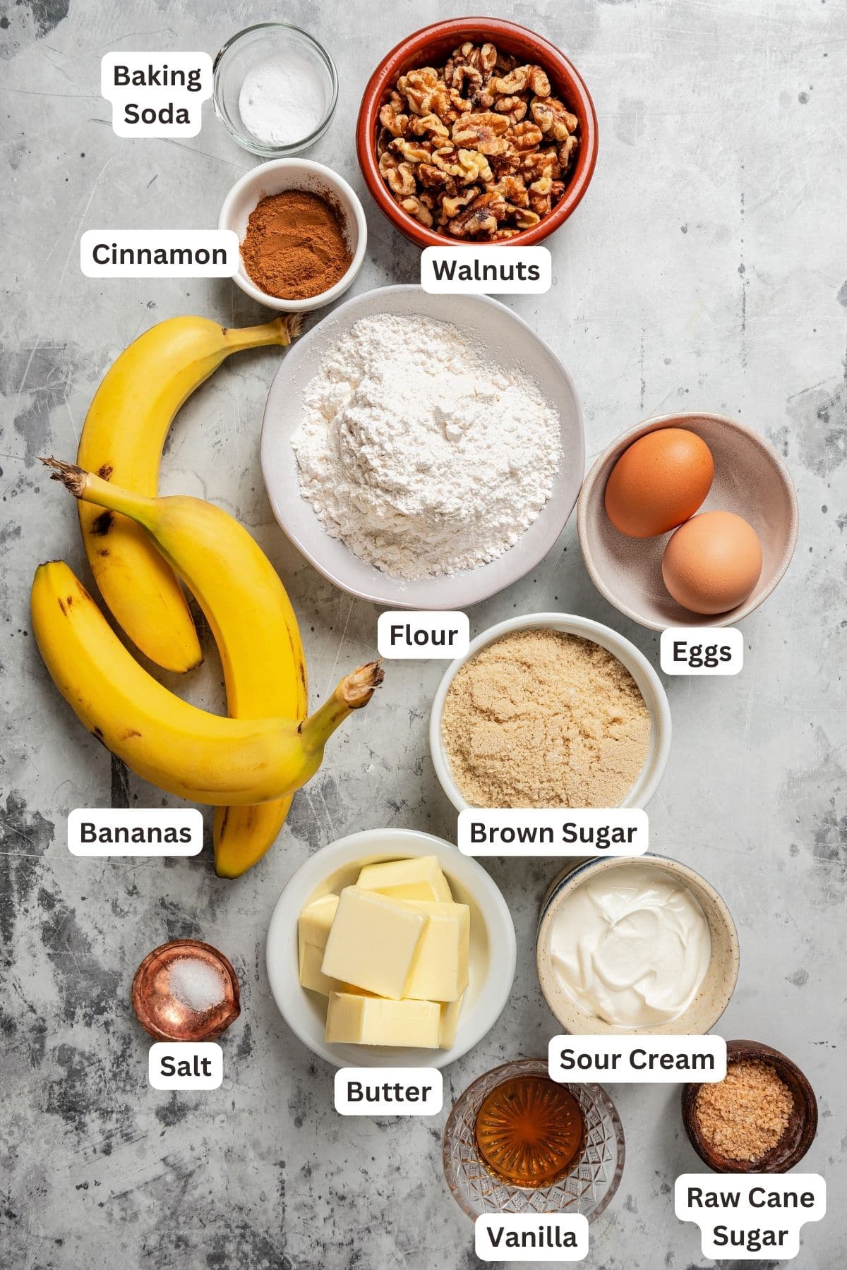 Labeled ingredients for banana walnut muffins.