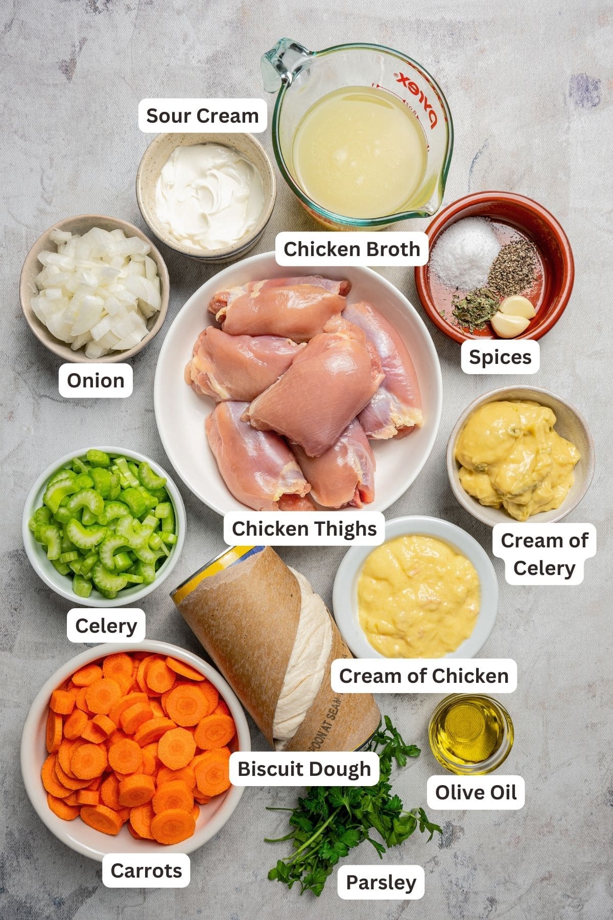 Labeled ingredients for Instant Pot chicken and dumplings.