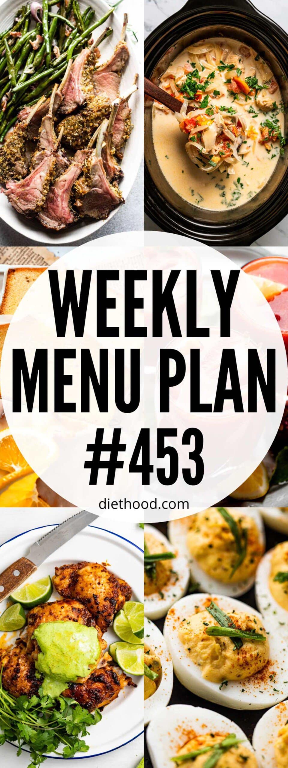 Weekly Menu Plan 453 six image collage Pinterest image.