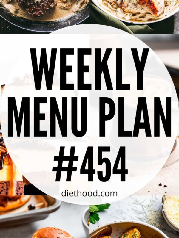 Weekly Menu Plan 454 six image collage Pinterest image.