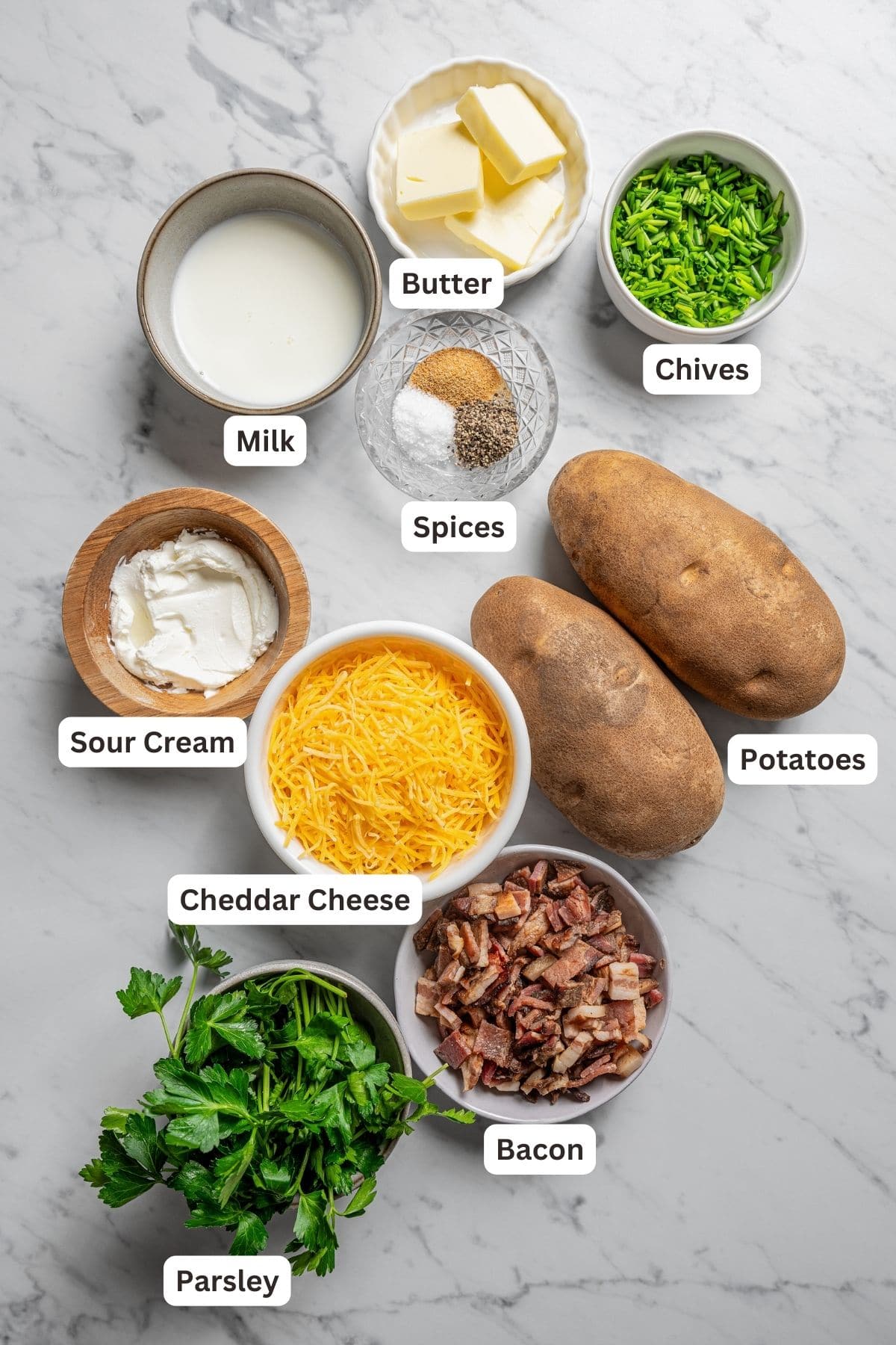 Labeled ingredients for mashed potatoes for potato croquettes.