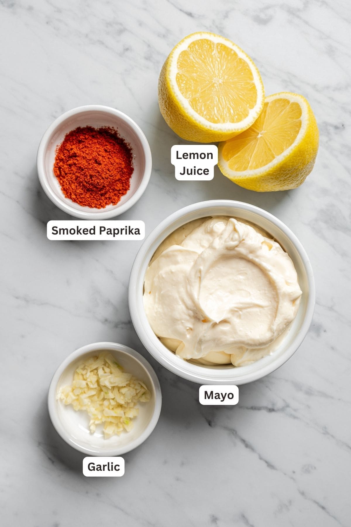 Labeled ingredients for lemon garlic aioli.