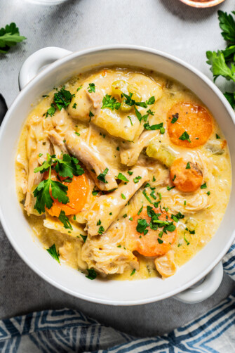 Chicken and dumplings served in a bowl and garnished with sliced carrots and chopped parsley.