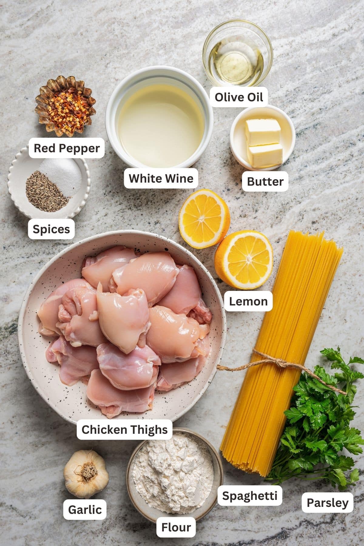 Labeled ingredients for chicken scampi recipe.
