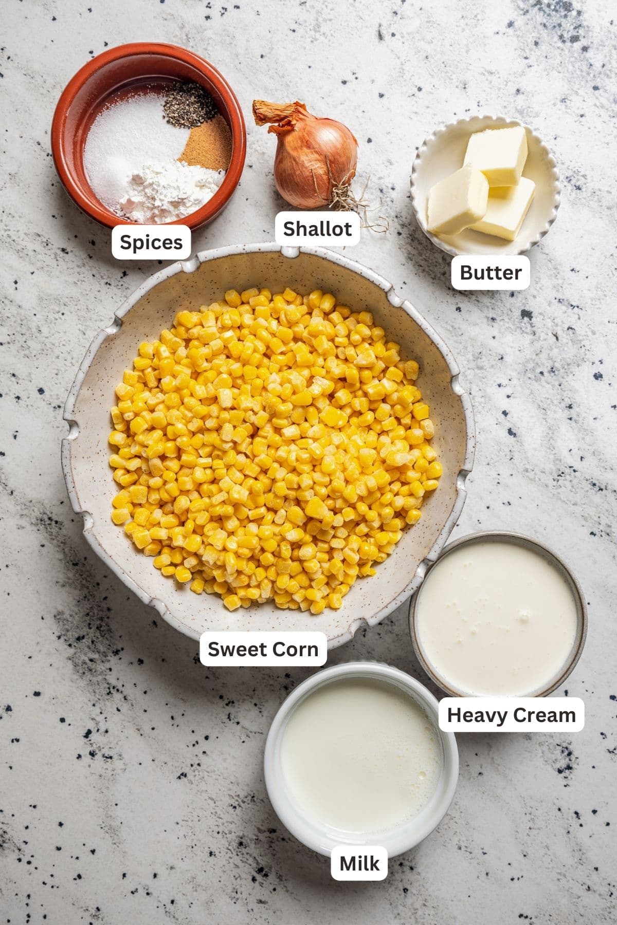 Labeled ingredients for creamed corn.