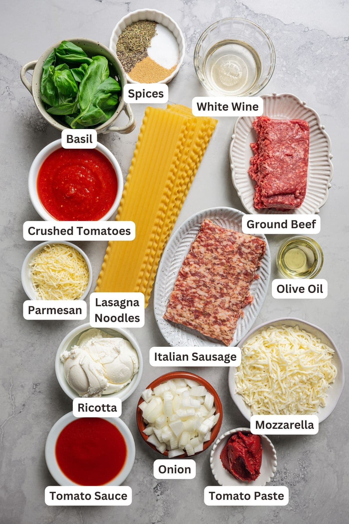 Labeled ingredients for crockpot lasagna.