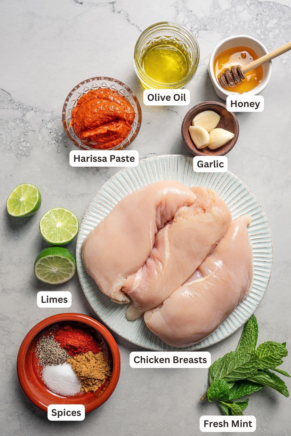 Labeled ingredients for harissa chicken.