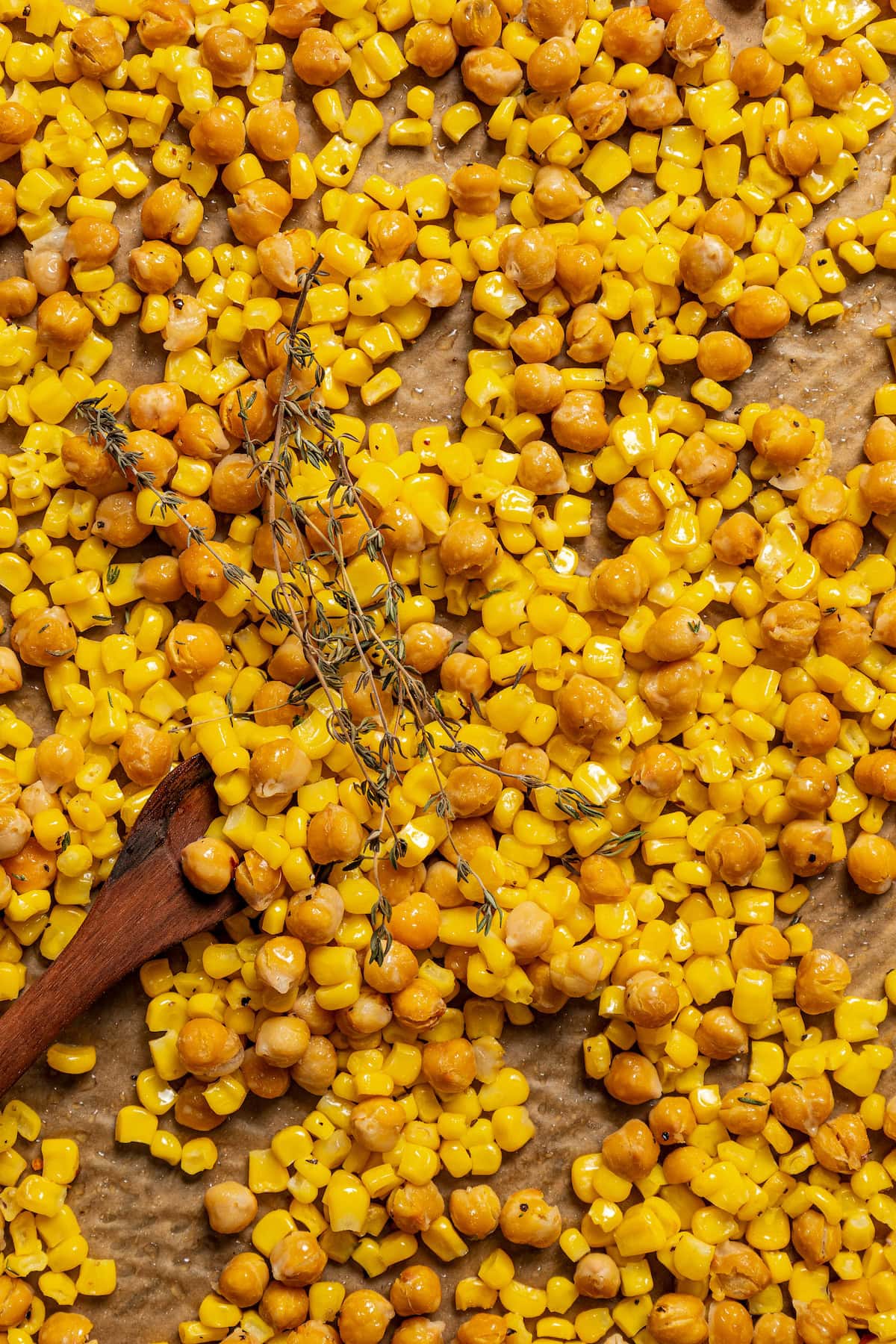 Closeup of roasted corn and garbanzo beans.